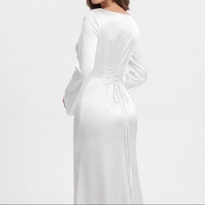 Women's Satin Maxi Dress Long Flared Sleeve Boat Neck Bodycon Slip