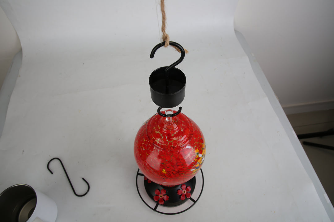 1Pc Glass Hummingbird Feeder 33OZ Hand Blown Hummingbird Feeder With 5 Flower Feeding Port Perch Ant Moat Hanging Hook S Hook Hemp Rope Cleaning Brush For Garden Decor