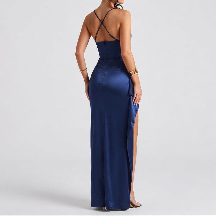 Women's Satin Maxi Dress Spaghetti Strap Ruched High Split Formal