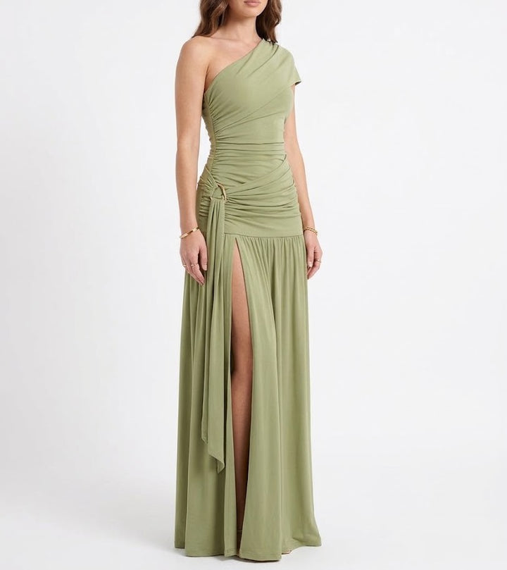 Women's One-Shoulder Ruched Maxi Dress with High Slit