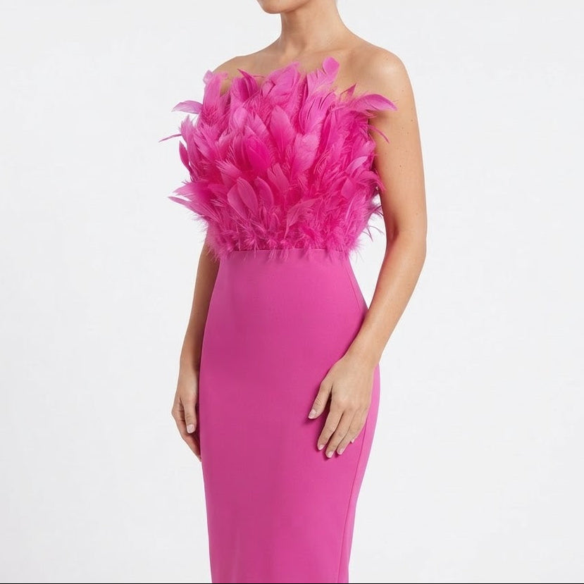 Women's Feather Trim Midi Dress Strapless Bandeau Bodycon Party