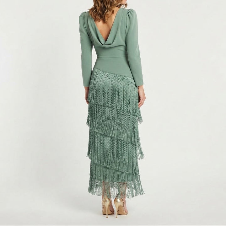 Women's Tiered Fringe Midi Dress Deep V Neck Puff Sleeve Cocktail