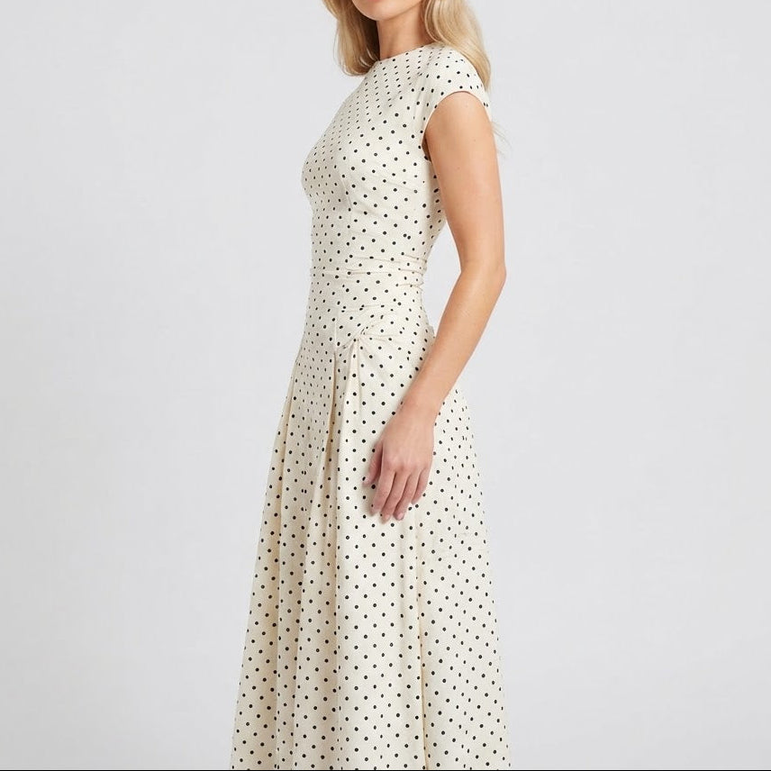 Women's Formal Maxi Dress – Polka Dot Cap Sleeve Fit-and-Flare Full