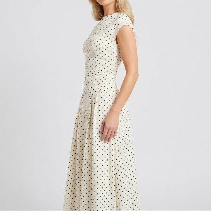 Women's Formal Maxi Dress – Polka Dot Cap Sleeve Fit-and-Flare Full