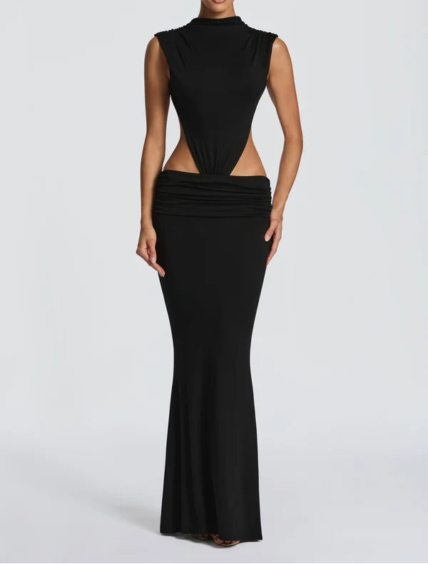 Women's Formal Maxi Dress – Cut-Out Waist Mock Neck Ruched Bodycon