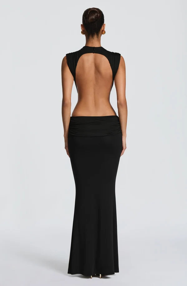 Women's Formal Maxi Dress – Cut-Out Waist Mock Neck Ruched Bodycon