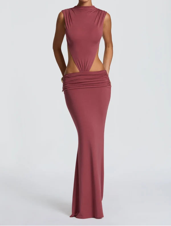 Women's Formal Maxi Dress – Cut-Out Waist Mock Neck Ruched Bodycon