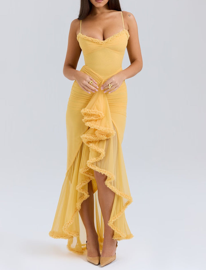 Women's Ruffle Mermaid Maxi Dress Ruched Sweetheart High Low Hem