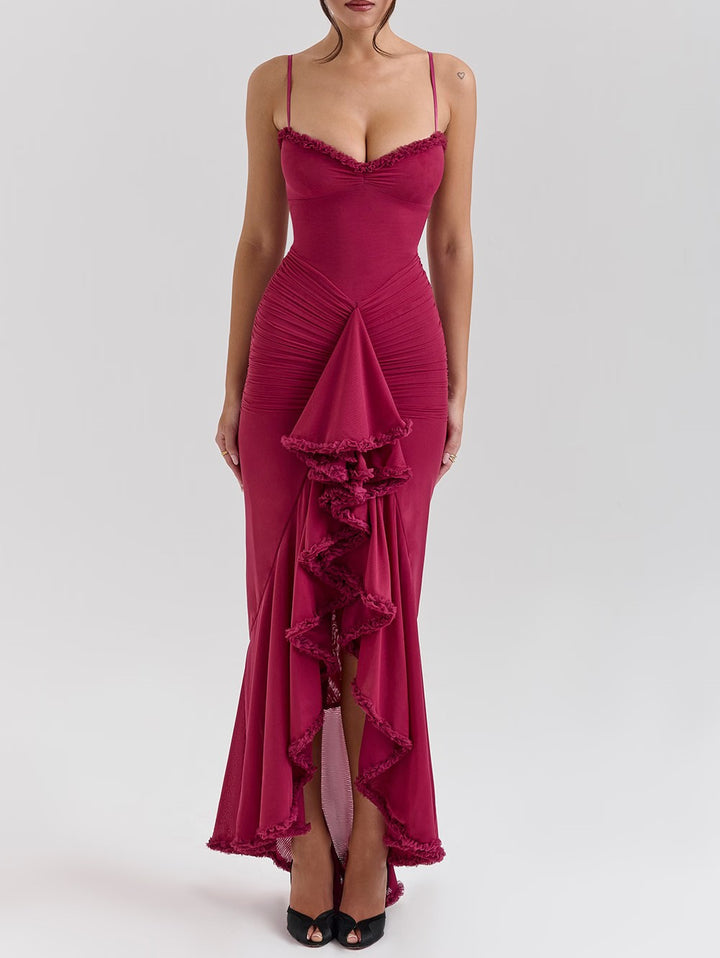 Women's Ruffle Mermaid Maxi Dress Ruched Sweetheart High Low Hem