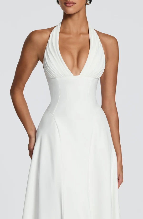 Women's Halter Deep V-Neck Pleated Fit and Flare Midi Dress