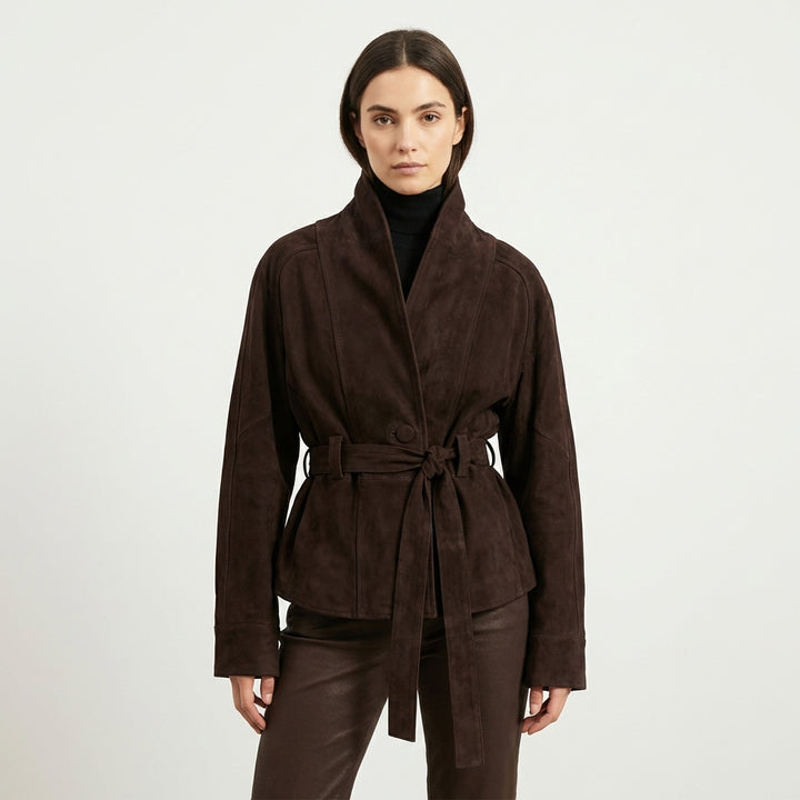 Belted Chocolate Suede Wrap Jacket