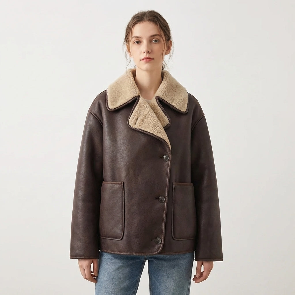 Oversized Shearling Trim Faux Suede Jacket