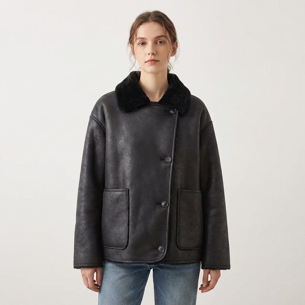 Oversized Shearling Trim Faux Suede Jacket