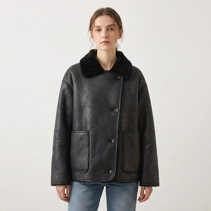 Oversized Shearling Trim Faux Suede Jacket