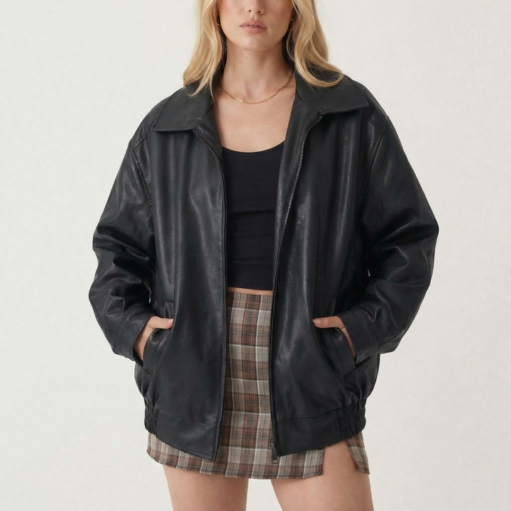 Women's Oversized Vintage 90s Faux Leather Zip-Up Bomber