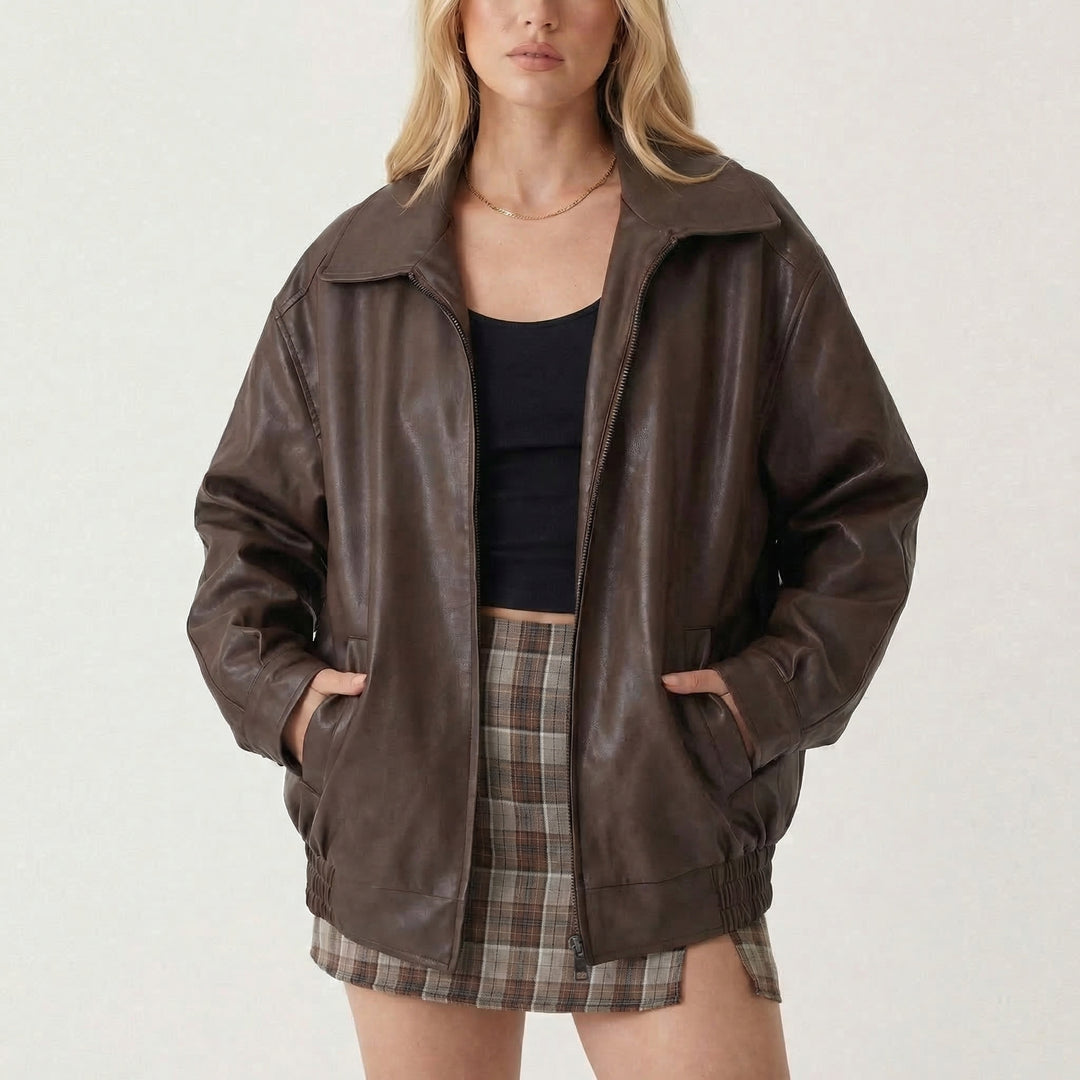 Women's Oversized Vintage 90s Faux Leather Zip-Up Bomber