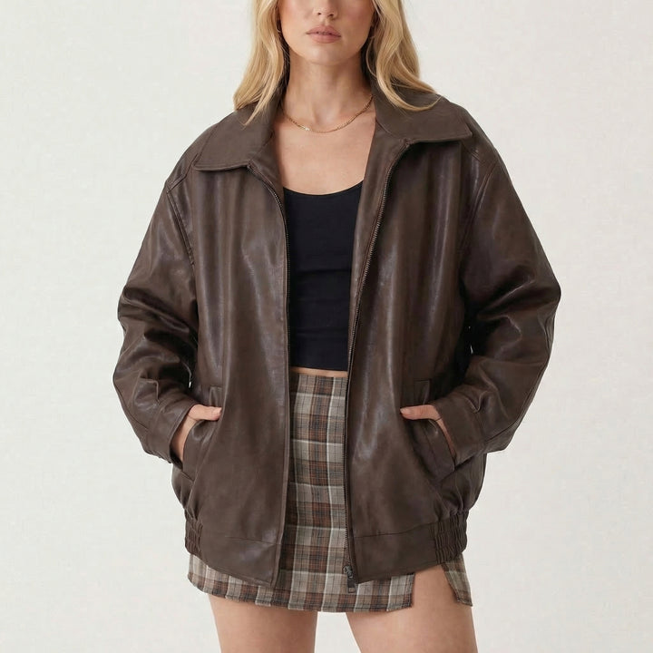 Women's Oversized Vintage 90s Faux Leather Zip-Up Bomber