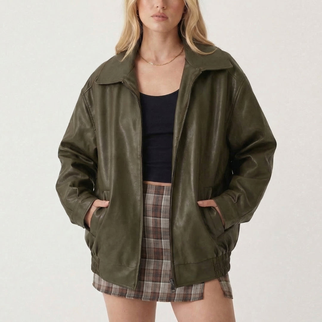 Women's Oversized Vintage 90s Faux Leather Zip-Up Bomber