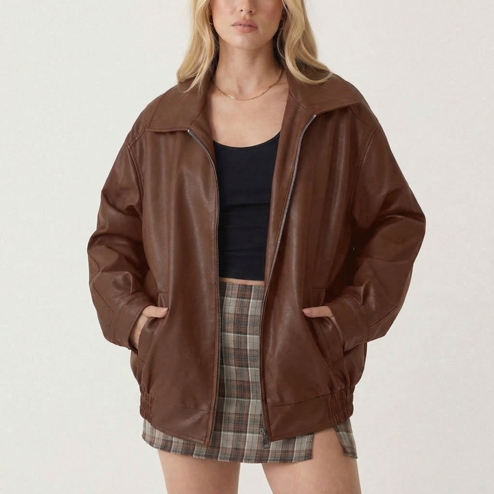 Women's Oversized Vintage 90s Faux Leather Zip-Up Bomber
