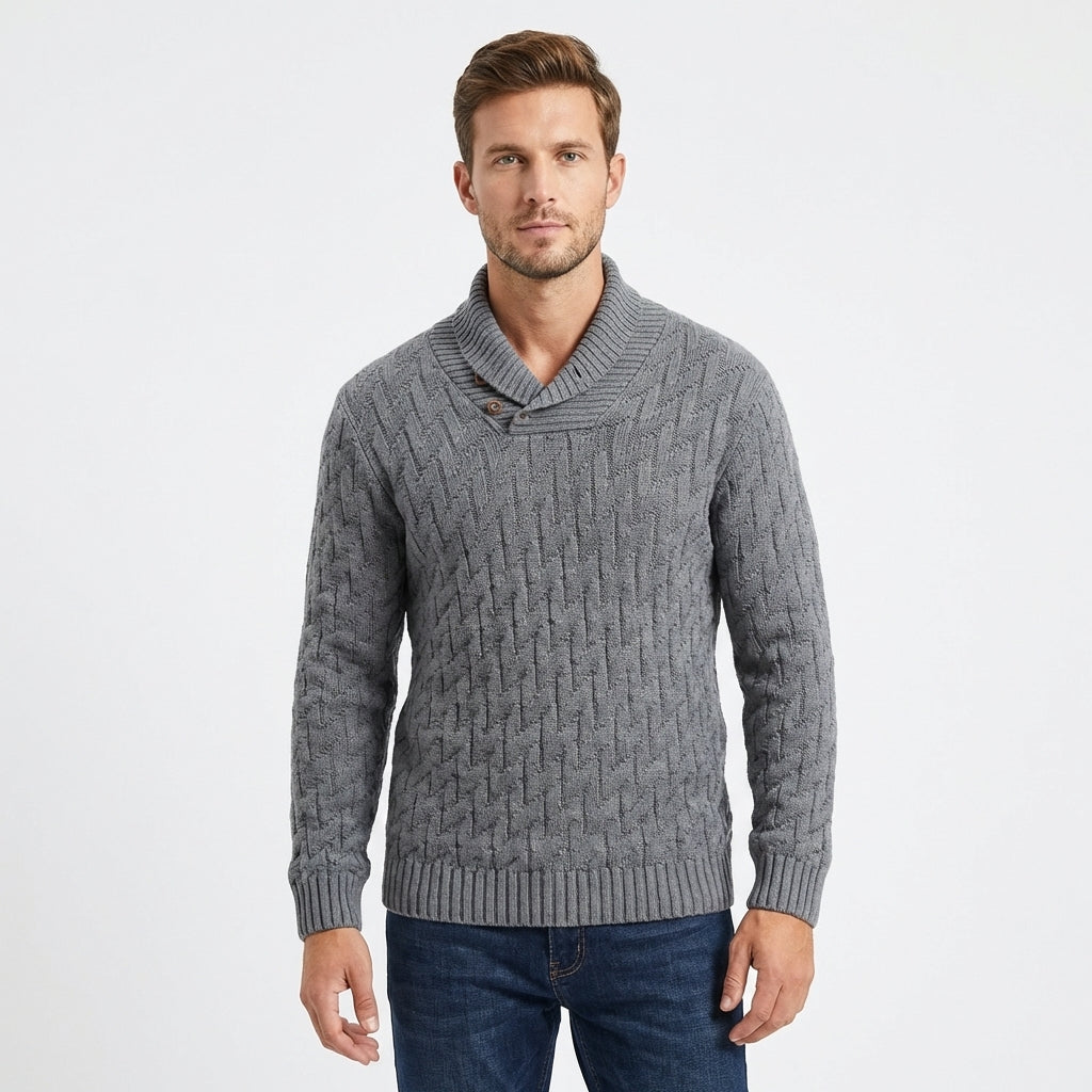 Men's Shawl Collar Cable Knit Button Neck Textured Jumper