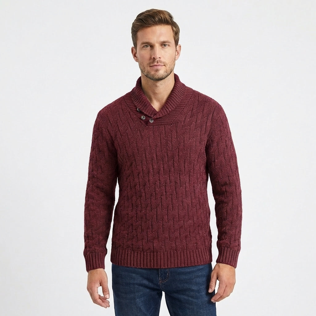 Men's Shawl Collar Cable Knit Button Neck Textured Jumper