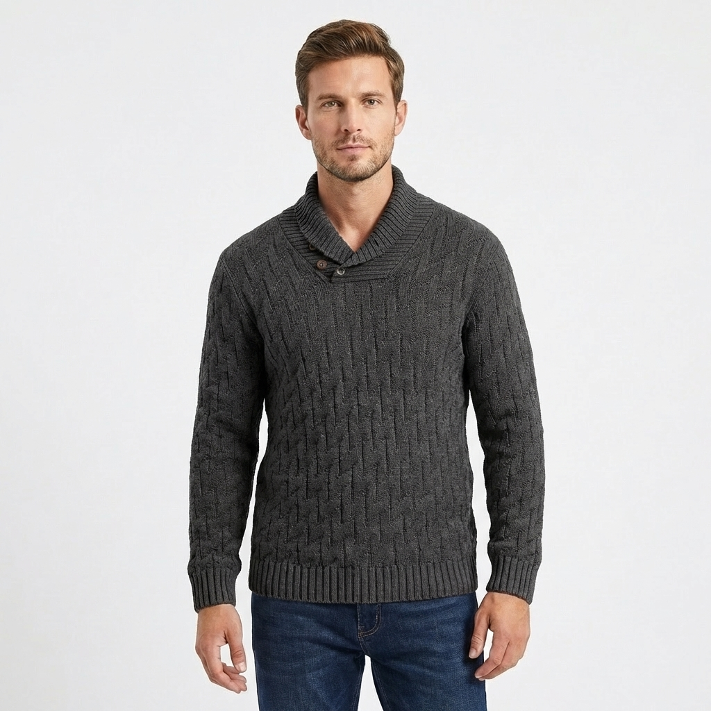 Men's Shawl Collar Cable Knit Button Neck Textured Jumper