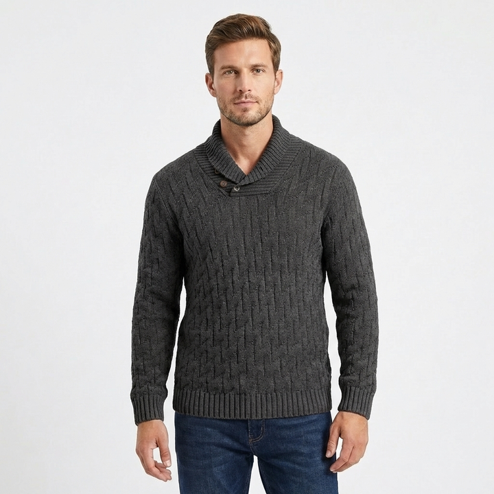 Men's Shawl Collar Cable Knit Button Neck Textured Jumper