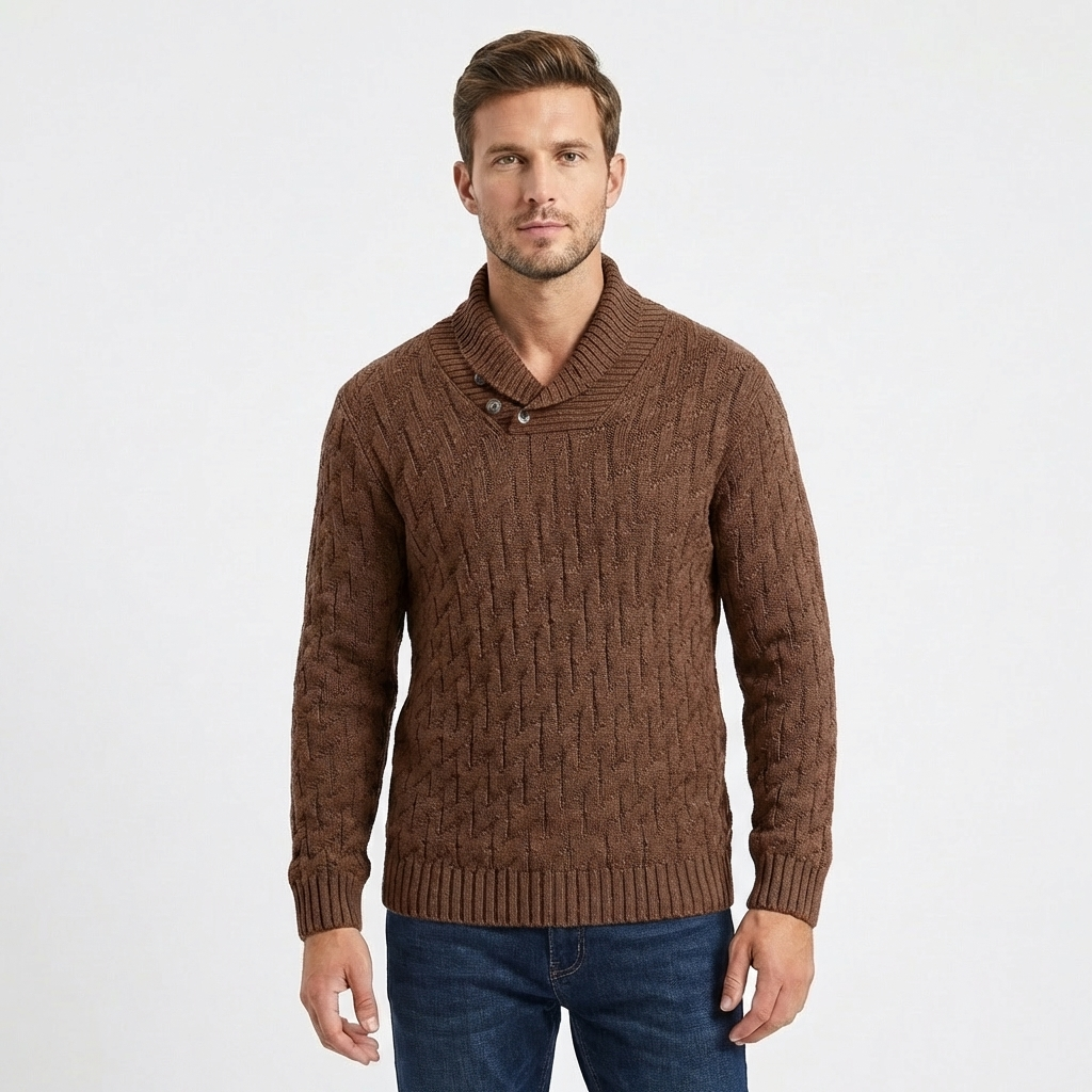 Men's Shawl Collar Cable Knit Button Neck Textured Jumper