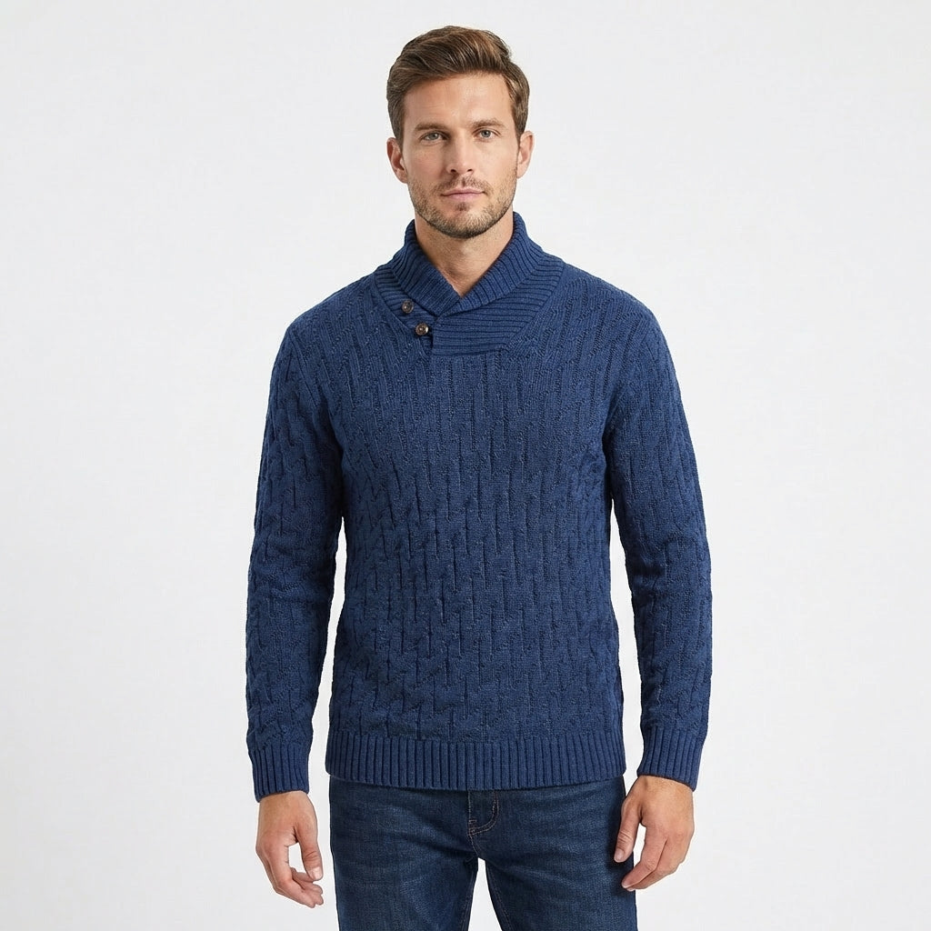 Men's Shawl Collar Cable Knit Button Neck Textured Jumper