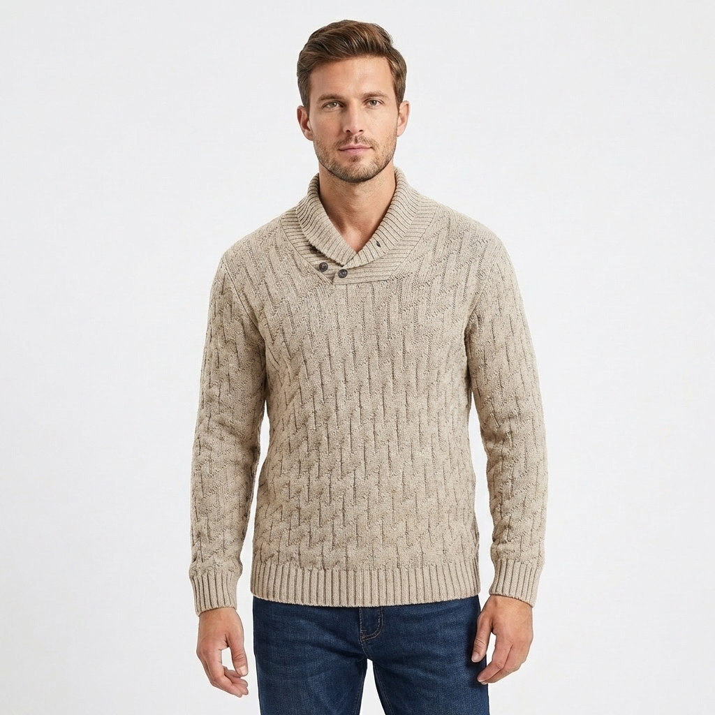 Men's Shawl Collar Cable Knit Button Neck Textured Jumper