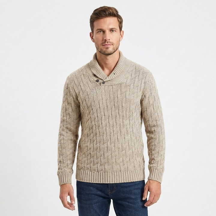 Men's Shawl Collar Cable Knit Button Neck Textured Jumper