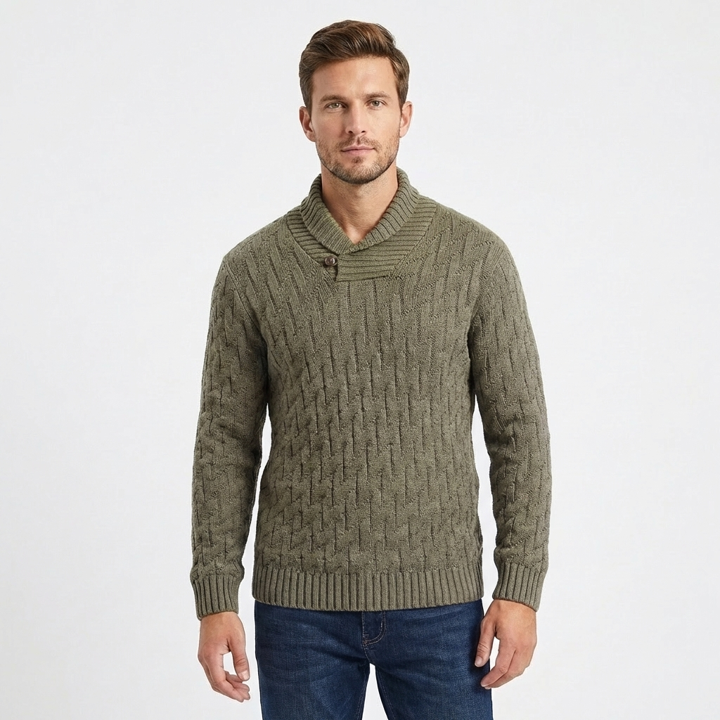 Men's Shawl Collar Cable Knit Button Neck Textured Jumper