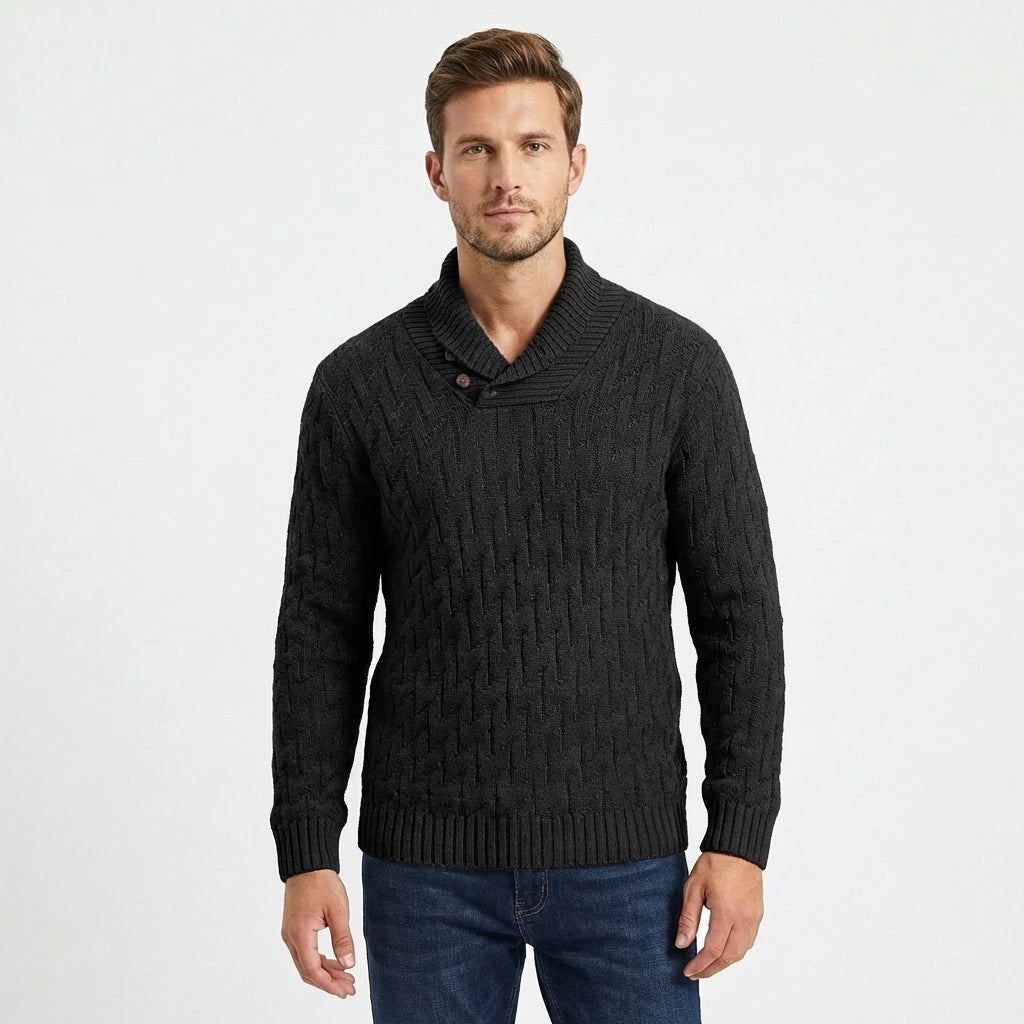 Men's Shawl Collar Cable Knit Button Neck Textured Jumper