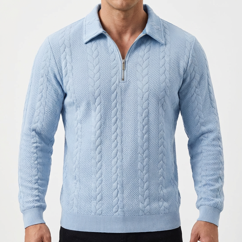 Men's Quarter-Zip Cable Knit Textured Long Sleeve Polo Jumper