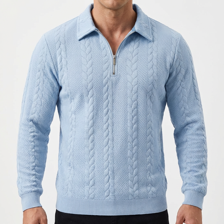 Men's Quarter-Zip Cable Knit Textured Long Sleeve Polo Jumper