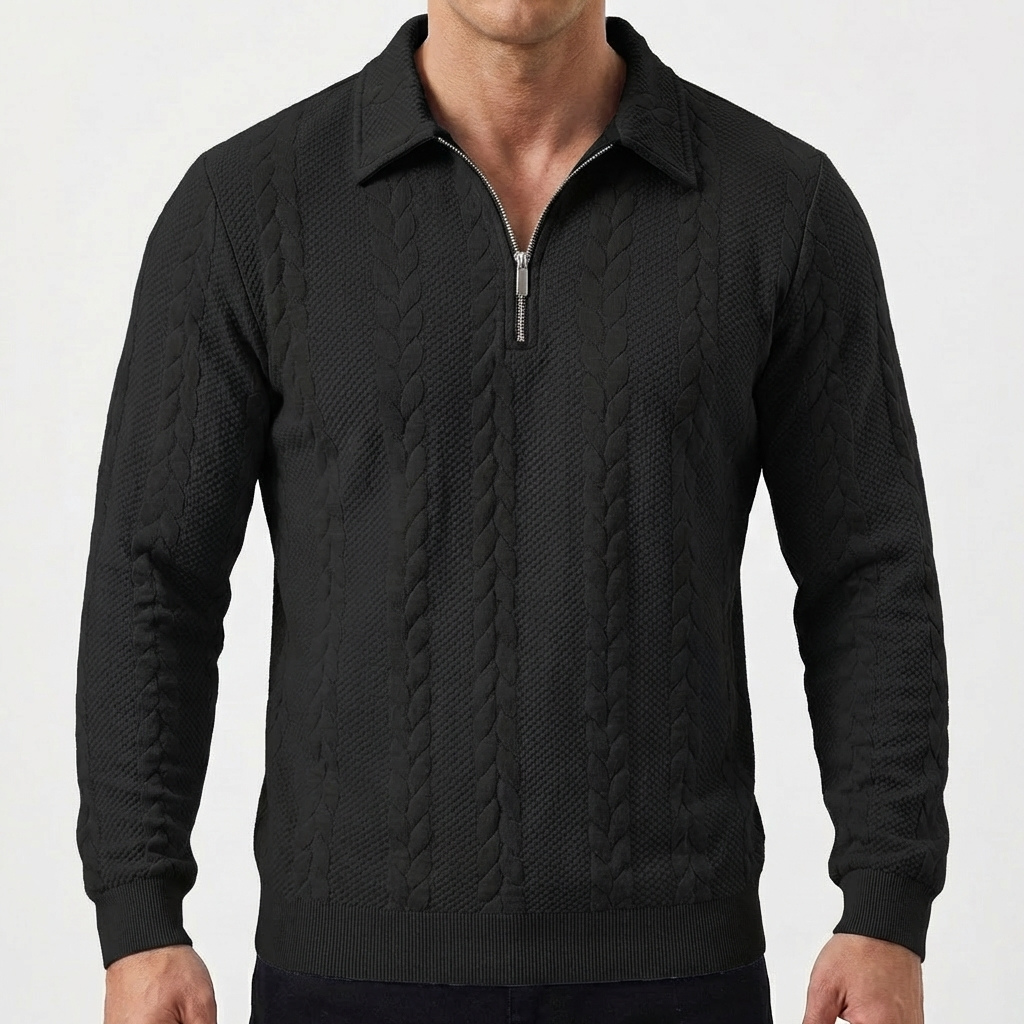 Men's Quarter-Zip Cable Knit Textured Long Sleeve Polo Jumper