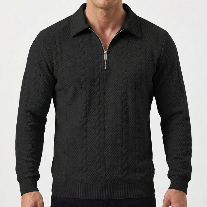 Men's Quarter-Zip Cable Knit Textured Long Sleeve Polo Jumper