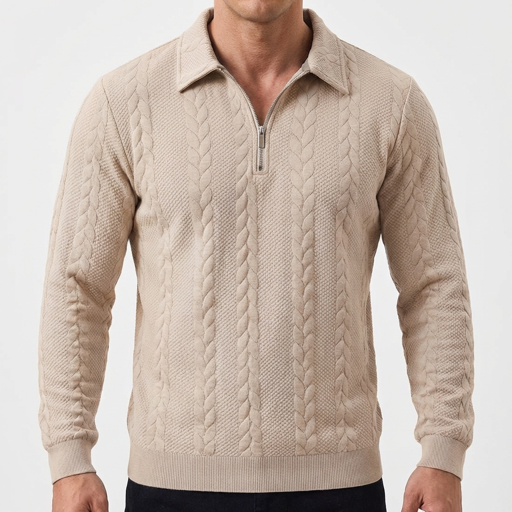 Men's Quarter-Zip Cable Knit Textured Long Sleeve Polo Jumper