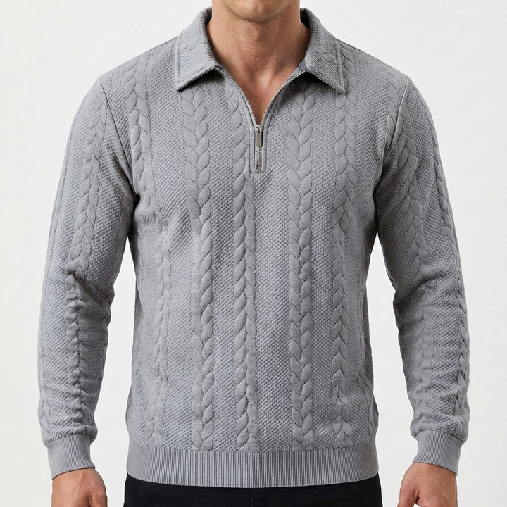 Men's Quarter-Zip Cable Knit Textured Long Sleeve Polo Jumper