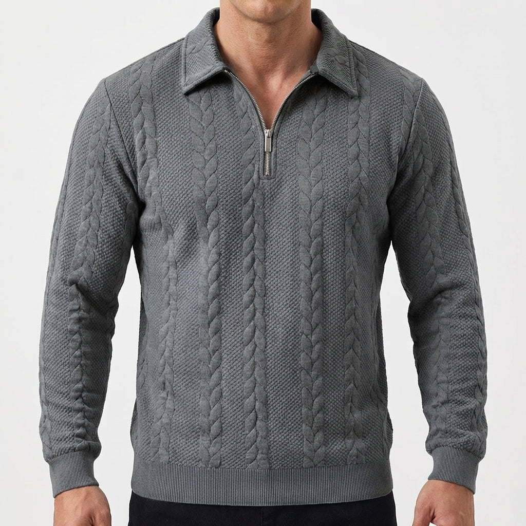 Men's Quarter-Zip Cable Knit Textured Long Sleeve Polo Jumper