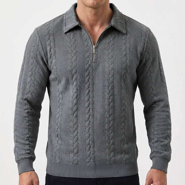 Men's Quarter-Zip Cable Knit Textured Long Sleeve Polo Jumper