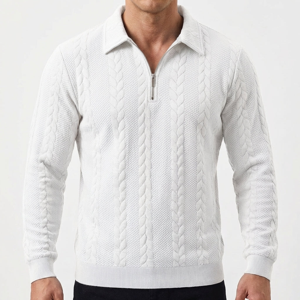 Men's Quarter-Zip Cable Knit Textured Long Sleeve Polo Jumper