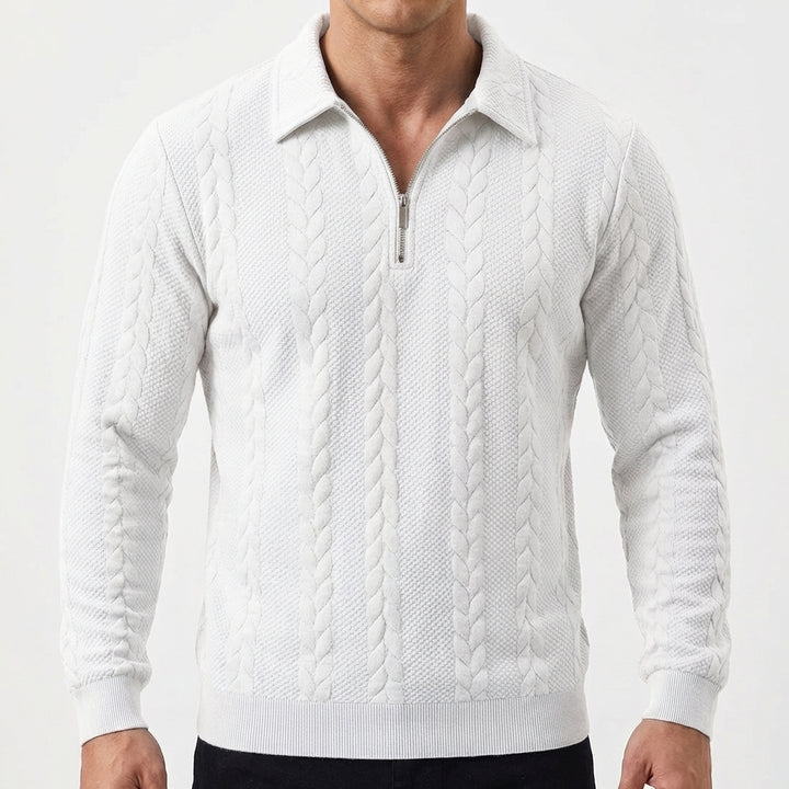 Men's Quarter-Zip Cable Knit Textured Long Sleeve Polo Jumper