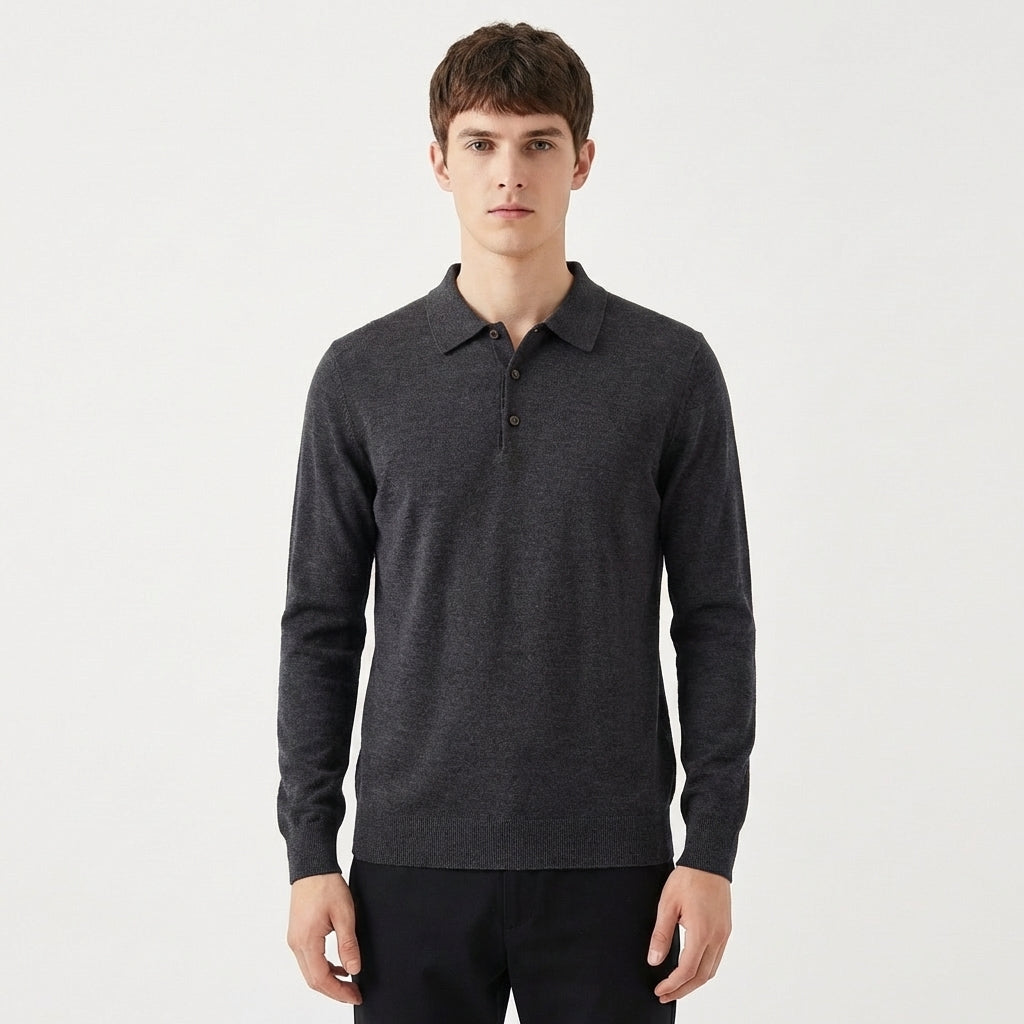 Men's Slim Fit Textured Knit Long Sleeve Ribbed Polo Top