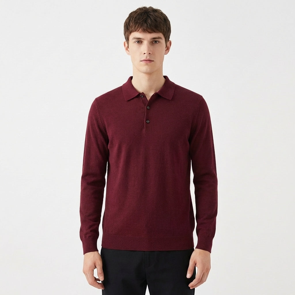 Men's Slim Fit Textured Knit Long Sleeve Ribbed Polo Top