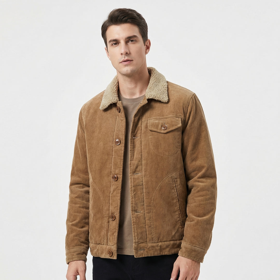Men's Sherpa-Lined Fur Collar Corduroy Jacket