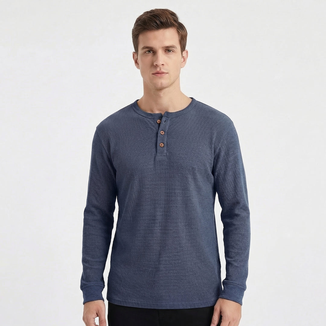 Men's Long Sleeve Slim Fit Waffle Knit Henley Thermal Shirt