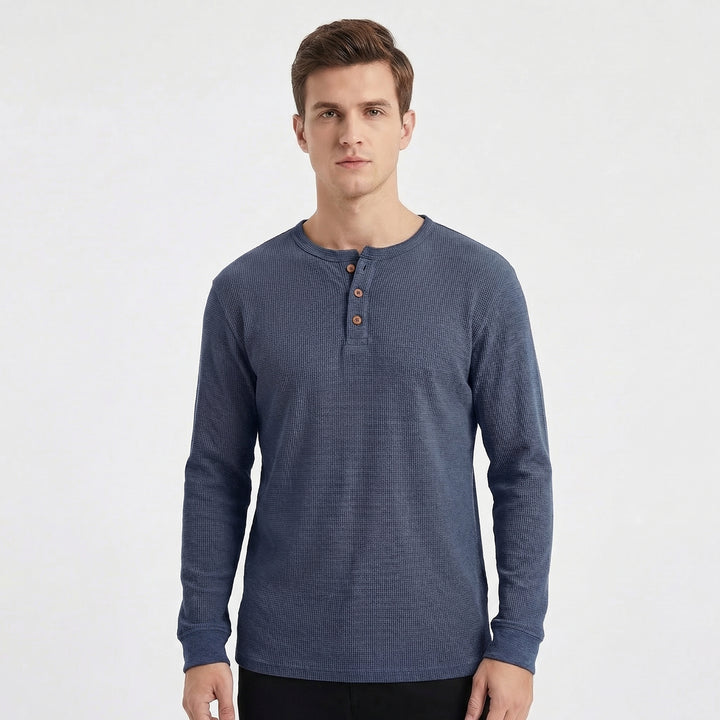 Men's Long Sleeve Slim Fit Waffle Knit Henley Thermal Shirt