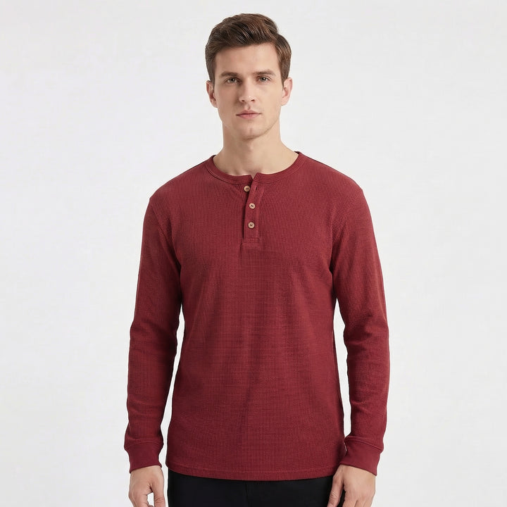 Men's Long Sleeve Slim Fit Waffle Knit Henley Thermal Shirt