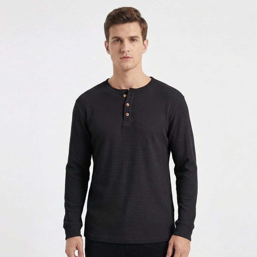 Men's Long Sleeve Slim Fit Waffle Knit Henley Thermal Shirt